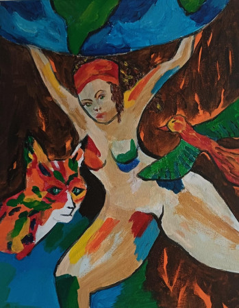 De vrouw, de kat, de wereld, de vogel en de brand 40x50 Acryl op doek 2025 40x50 Acryl